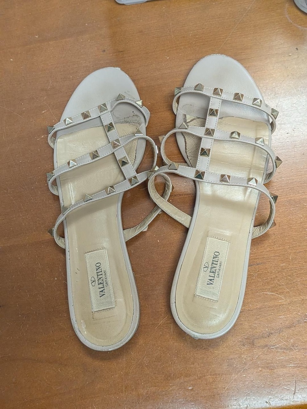 Valentino Beige/Nude Studded Multi-Strap Slide Sandals